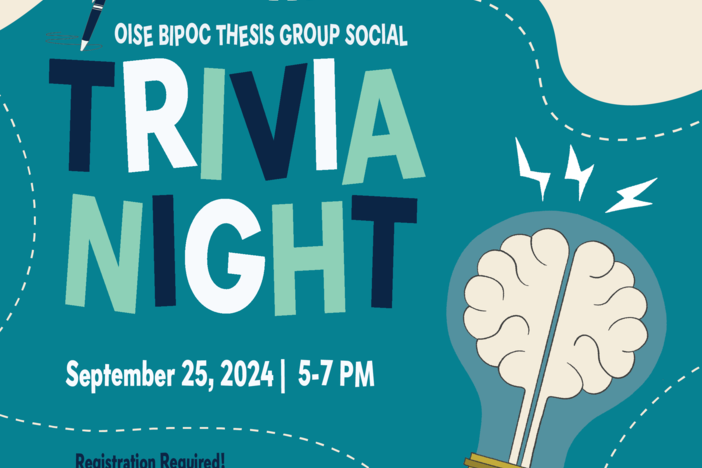 "Promotional graphic for 'OISE BIPOC Thesis Group Social Trivia Night' on September 25, 2024, from 5-7 PM. The background is deep teal with playful, cream-colored shapes and dashed lines. The text 'TRIVIA NIGHT' is in bold, with a mix of dark blue, light blue, and mint green letters. Above, smaller text reads 'OISE BIPOC Thesis Group Social.' Below the event title, it says 'Registration Required! Prizes to be won!' On the right, there's an illustration of a lightbulb with a brain inside