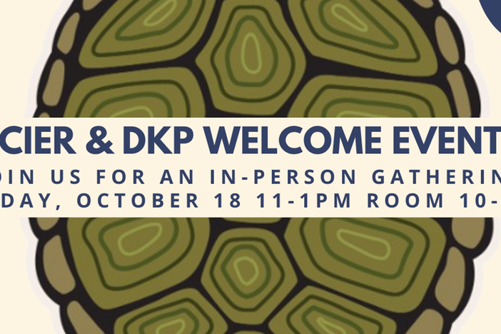 A poster advertising the CIER & DKP Welcome Event. An illustrated turtle shell is in the background.