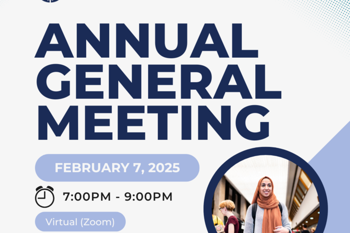 A promotional graphic for the OISE Graduate Students’ Association Annual General Meeting. The event is scheduled for February 7, 2025, from 7:00 PM to 9:00 PM and will be held virtually via Zoom. Meeting ID: 894 0771 9642, Passcode: 512892. The design includes bold blue and white text, a clock icon representing the time, and a circular photo of a person in a bright scarf and light sweater holding a bag, with other people in the background. The overall theme is professional and welcoming.