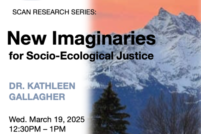 Scan researh series: title: new imainaries for socio-ecological justice, on mountain background