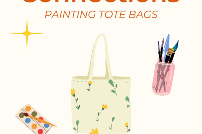 Event poster for "Crafting Connections: Painting Tote Bags." The poster features an illustrated tote bag with a floral design, a watercolor palette, and a cup of paintbrushes. Event details: March 27th, 2 PM - 4 PM at OISE, room 12-199.