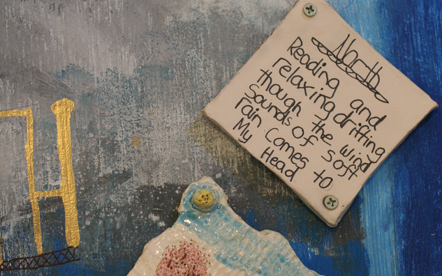 artwork detail with collage, grey and blue background