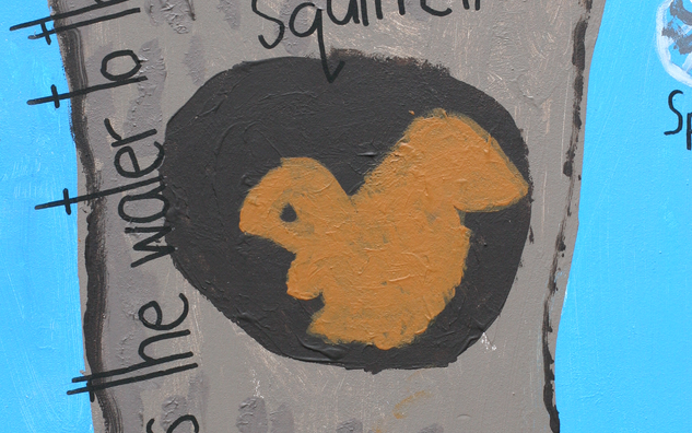 detail of tree murals - a squirrel in a tree hole