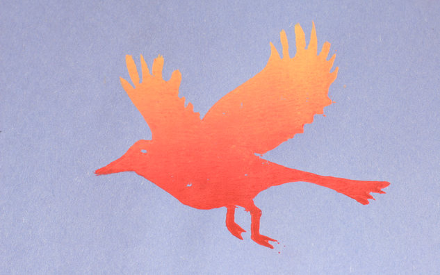 orange and red bird print on a blue background