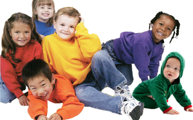 A group of six children, all wearing differently coloured sweaters.