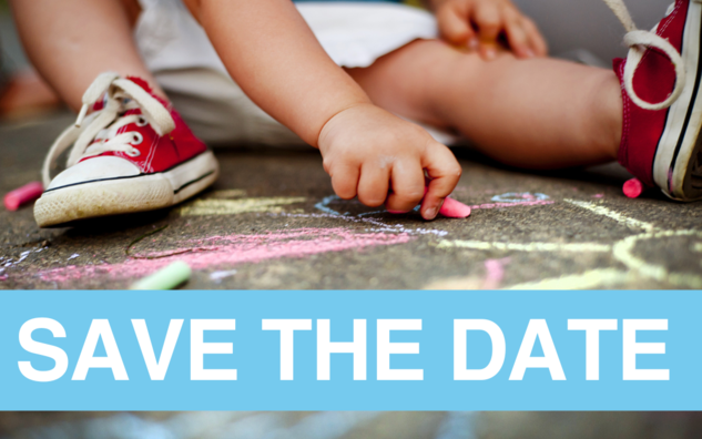 Child drawing with chalk on side walk - Save the Date banner across photo