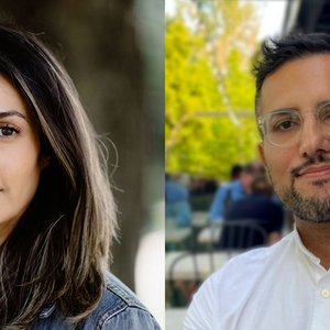 Beyhan Faradi has long hair, and Shozab Raza is wearing glasses and a white dress shirt. Both are pictured outside.