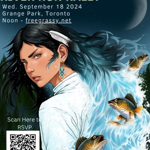 Poster of Grassy Narrows River Run Rally, hosted on September 18, 2024. Imagery depicts Indigenous woman's hair morphing into stream of water with fish.