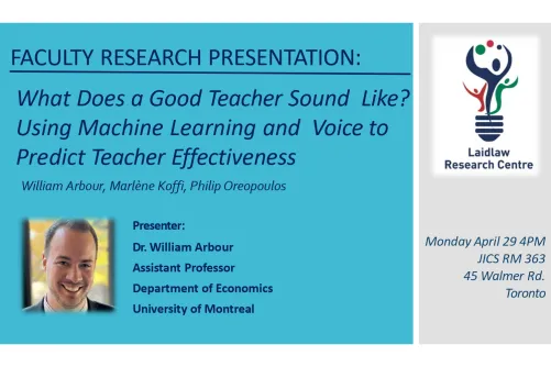 An event poster for What Does a Good Teacher Sound Like? Using Machine Learning and Voice to Predict Teacher Effectiveness with William Arbour.