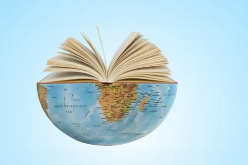 A globe split in half with a book resting on it. Two human-like silhouettes filled with text on the sides.