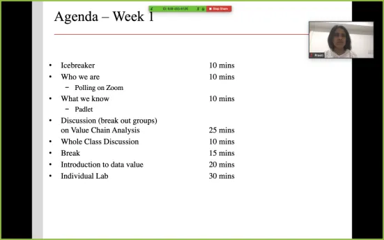 A screen capture of Preeti Raman sharing a PowerPoint presentation with an agenda shown in Zoom. A Zoom video overlays the PowerPoint presentation.