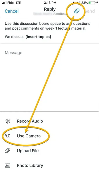 News. A screencapture of the Canvas interface. A paperclip circled, and from that an arrow is pointing to "Use Camera". "Use Camera" is also circled.