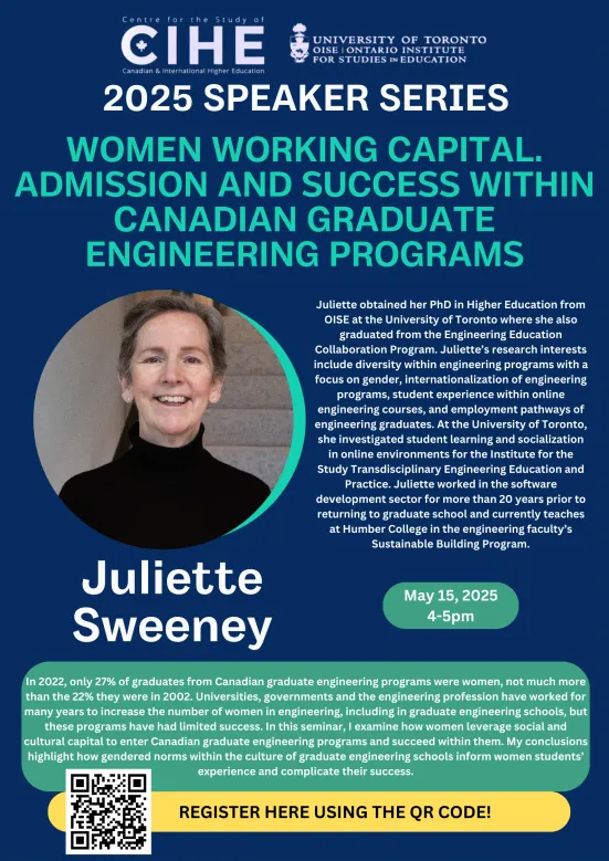 2025 Speaker Series Poster for "Women Working Capital, Admission and Success within Canadian Graduate Engineering Programs" with Juliette Sweeney.