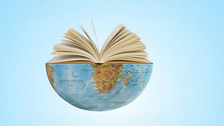 A globe split in half with a book resting on it. Two human-like silhouettes filled with text on the sides.