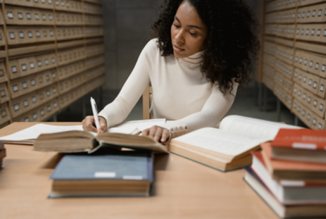 Female student writing on a library desk