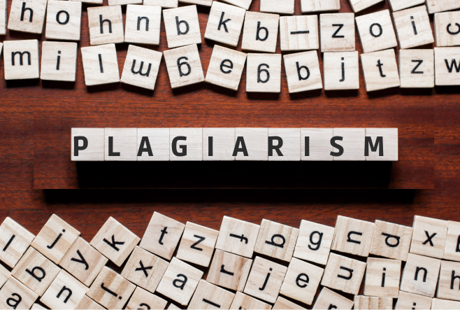 Wood tiles spelling the word "plagiarism"