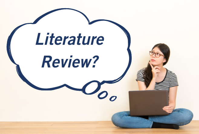 Image shows a female student thinking what is a literature review?