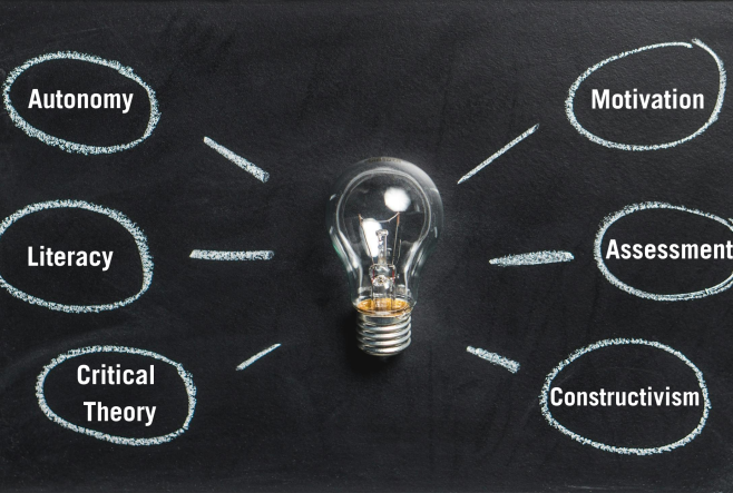 Image showing a light bulb on a blackboard background with topics written in bubbles around it.