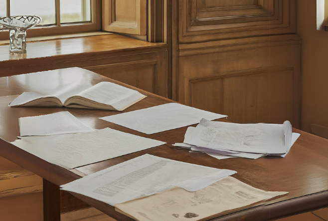 Papers spread on a table